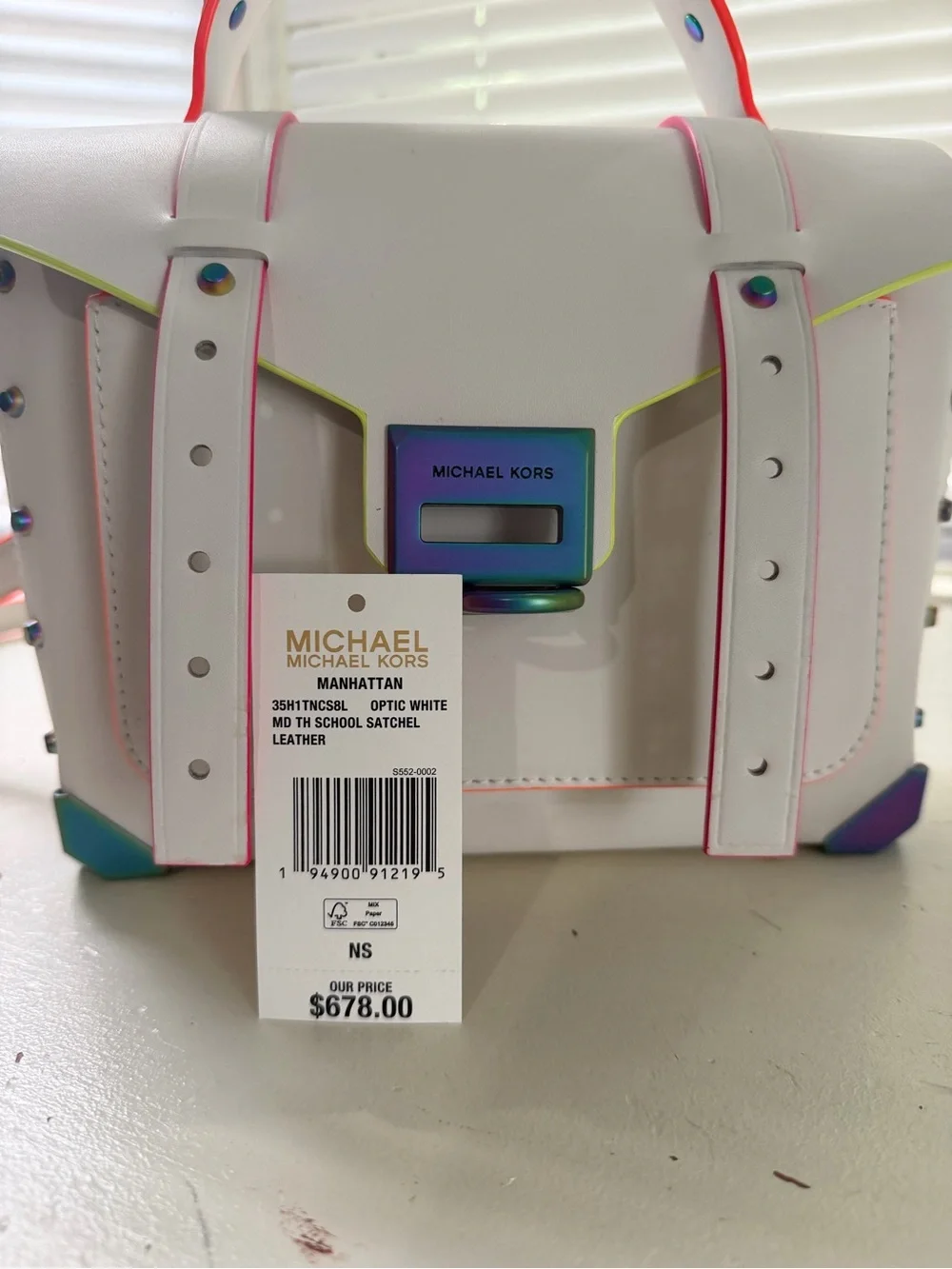Michael Kors Manhattan Medium Optic White Neon Crossbody School Leather Satchel